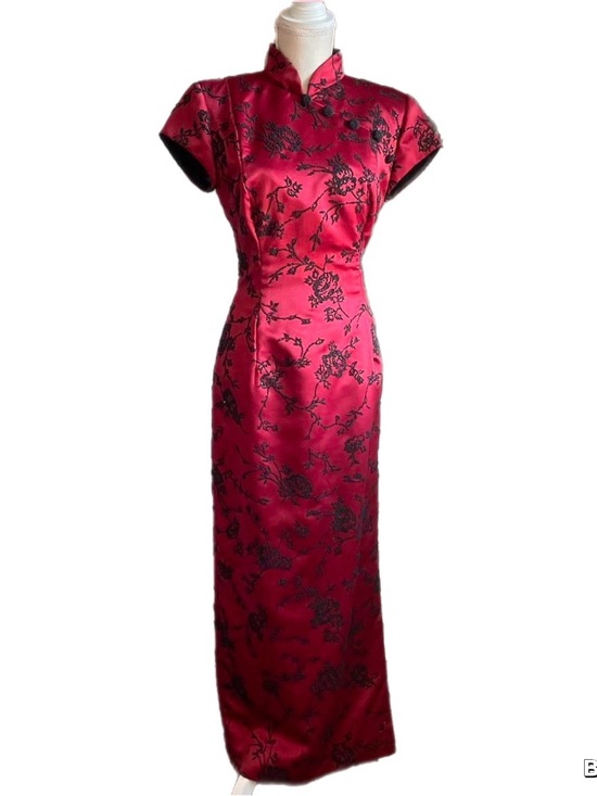 Huey Waltzer Dresses & Skirts - VTG Huey Waltzer Saks Red Hand Beaded Floral Cheongsam Mandarin Gown Size 8